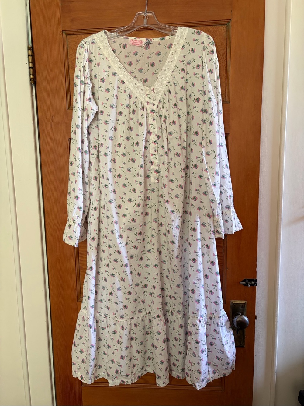 Vintage Floral Nightgown - White with Pink Rose Print 100% Cotton
